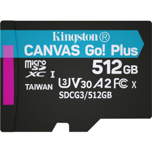 Kingston MicroSDXC 512 ГБ Canvas Go! Plus Class 10 UHS-I U3 V30 A2 (SDCG3/512GBSP) краща модель в Рівному