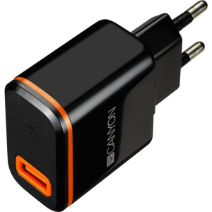 Зарядний пристрій Canyon USB + вбудований кабель USB Type C 2.1А Black (CNE-CHA042BO)