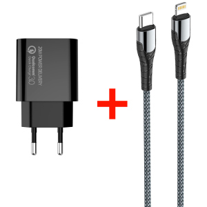 Мережевий зарядний пристрій СolorWay Power Delivery USB Type-C (20W) V2 + Кабель Type-C-Apple Lightning (PD 30W) 3.0А 1 м (CW-CHS026PD-BK/CBPDCL033-GR) в Рівному