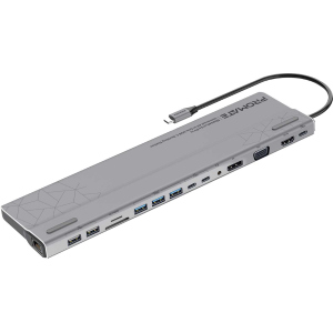 Док станция 15-в-1 Promate BaseLink-Pro USB-C PD/HDMI/VGA/DisplayPort/3xUSB 3.1/2xUSB-C 3.1/2xUSB 2.0/RJ45/SD/MicroSD/AUX 3.5 мм Grey (baselink-pro.black) в Ровно