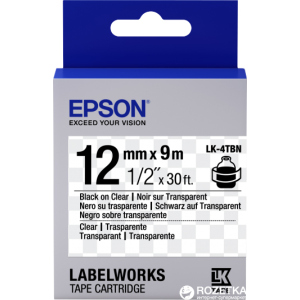 Картридж зі стрічкою Epson LabelWorks LK4TBN 12 мм / 9 м Black/Clear (C53S654012) краща модель в Рівному