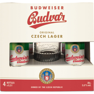 Подарунковий набір пиво Budweiser світле відфільтроване 5% 0.5 л x 4 шт. + кухоль 0.5 л (8594403707380) ТОП в Рівному