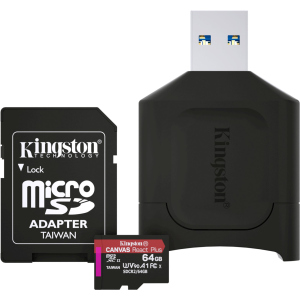 Kingston MicroSDXC 64GB Canvas React Plus Class 10 UHS-II U3 ​​​​V90 A1 + SD-адаптер + USB-кардрідер (MLPMR2/64GB) ТОП в Рівному