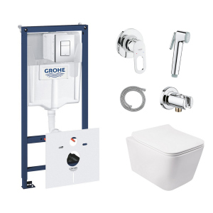 Комплект инсталляция Grohe Rapid SL 38827000 + унитаз с сиденьем Qtap Crow QT05335170W + набор для гигиенического душа со смесителем Grohe BauLoop 111042 ТОП в Ровно