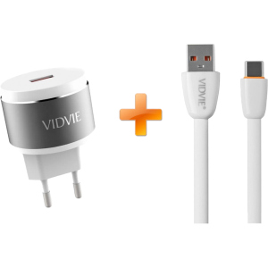 Сетевое зарядное устройство Vidvie PLE211Q 1USB 1.5A + USB Type-C cable White-Silver (6970280941444) лучшая модель в Ровно