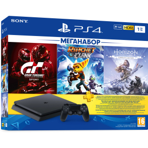 Ігрова приставка PlayStation 4 1ТБ Black у комплекті з 3 іграми та підпискою PS Plus (Ratchet &amp; Clank + Horizon Zero Dawn + Gran Turismo Sport + PS Plus 3 місяці) в Рівному