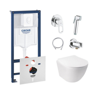 Комплект інсталяція Grohe Rapid SL 38722001 + унітаз з сидінням Qtap Jay QT07335176W + набір для гігієнічного душу із змішувачем Grohe BauLoop 111042