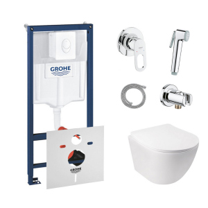 Комплект инсталляция Grohe Rapid SL 38722001 + унитаз с сиденьем Qtap Jay QT07335176W + набор для гигиенического душа со смесителем Grohe BauLoop 111042 лучшая модель в Ровно