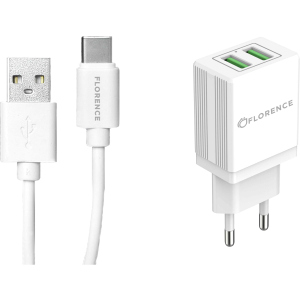 Сетевое зарядное устройство Florence 2USB 2A + Type-C Cable White (FL-1021-WT) ТОП в Ровно